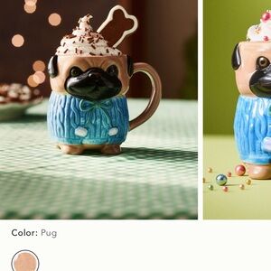Anthropologie Pug Ceramic Mug in Blue and Tan